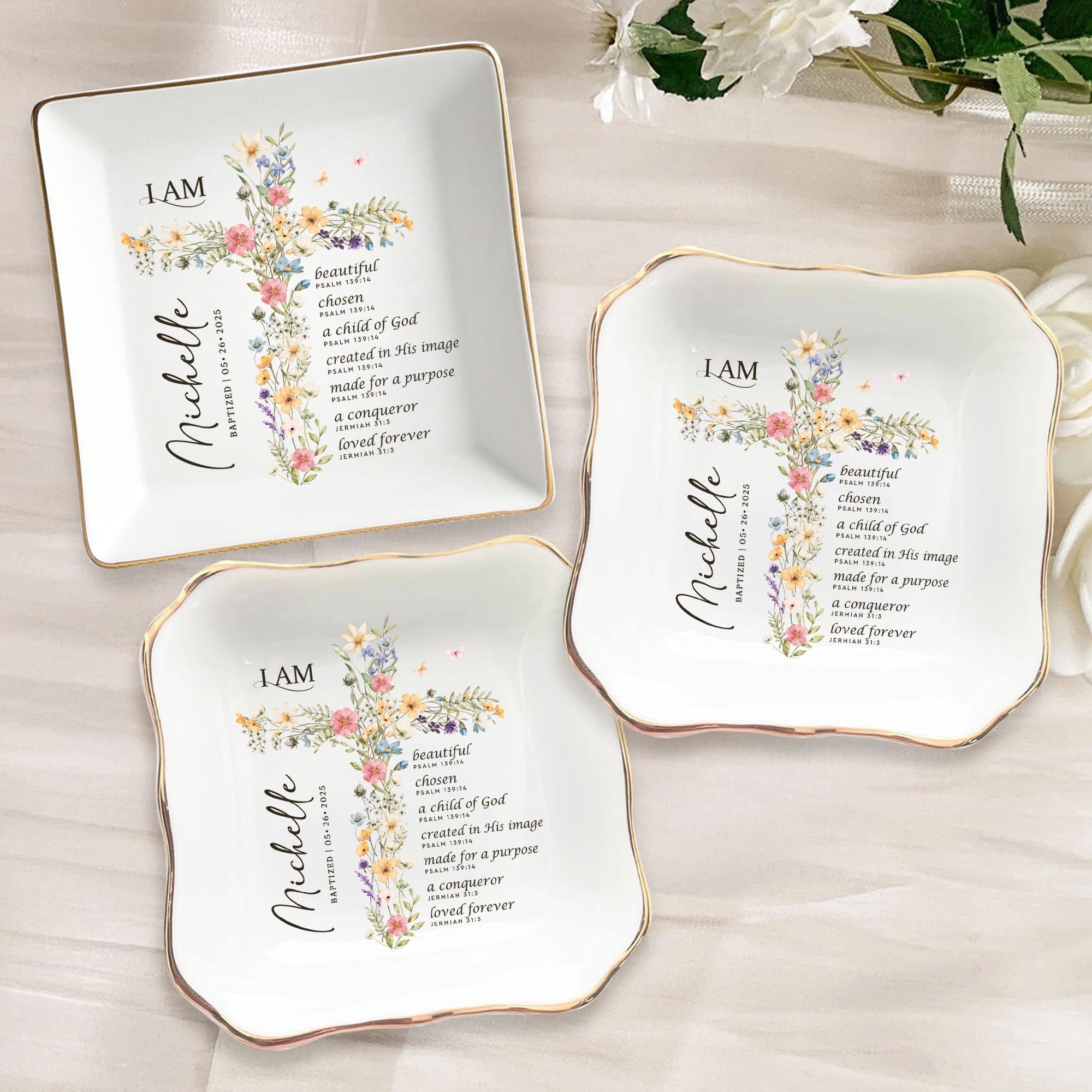 Personalized Christian Jewelry Dish, Baptism Gift Ring Dish, Bible Verse Tray With Floral Cross, Confirmation Gift, Religious Faith Home Decor JDLAF08